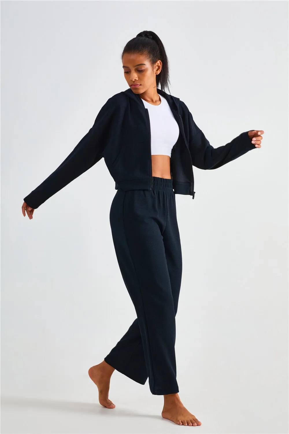 Waffle Knit Zip-Up Hoodie & Wide Leg Pants Set