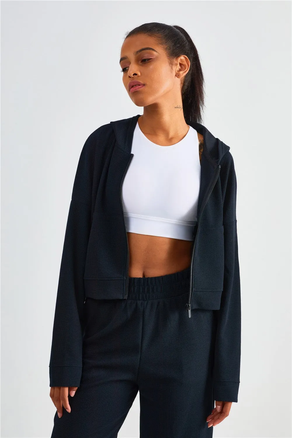 Waffle Knit Zip-Up Hoodie & Wide Leg Pants Set