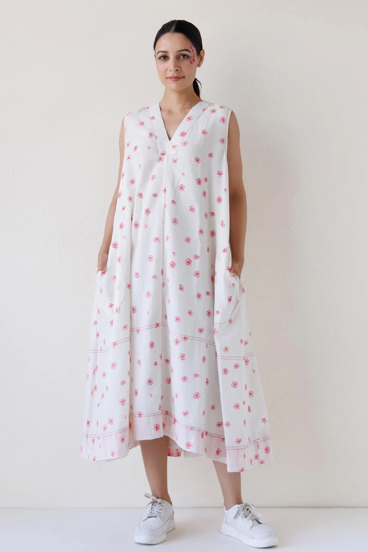 White Printed V-Neck Midi Dress