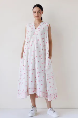 White Printed V-Neck Midi Dress