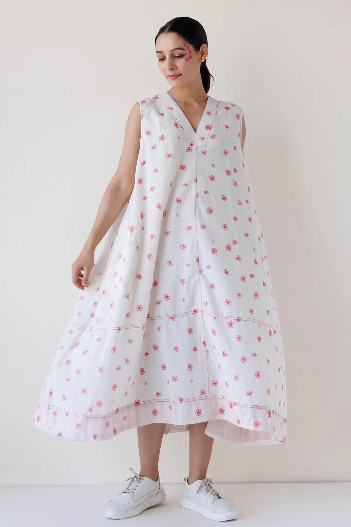 White Printed V-Neck Midi Dress