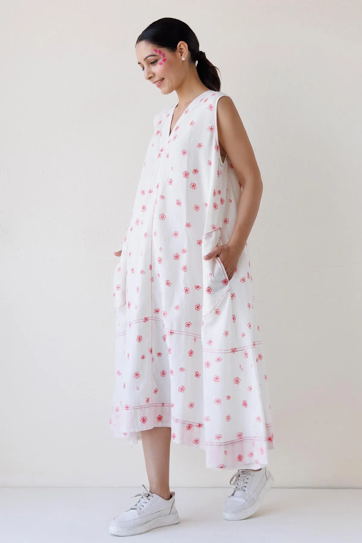 White Printed V-Neck Midi Dress