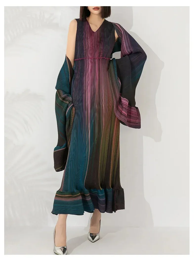 Women's Chic Pleated Sleeveless Midi Dress & Shawl Set