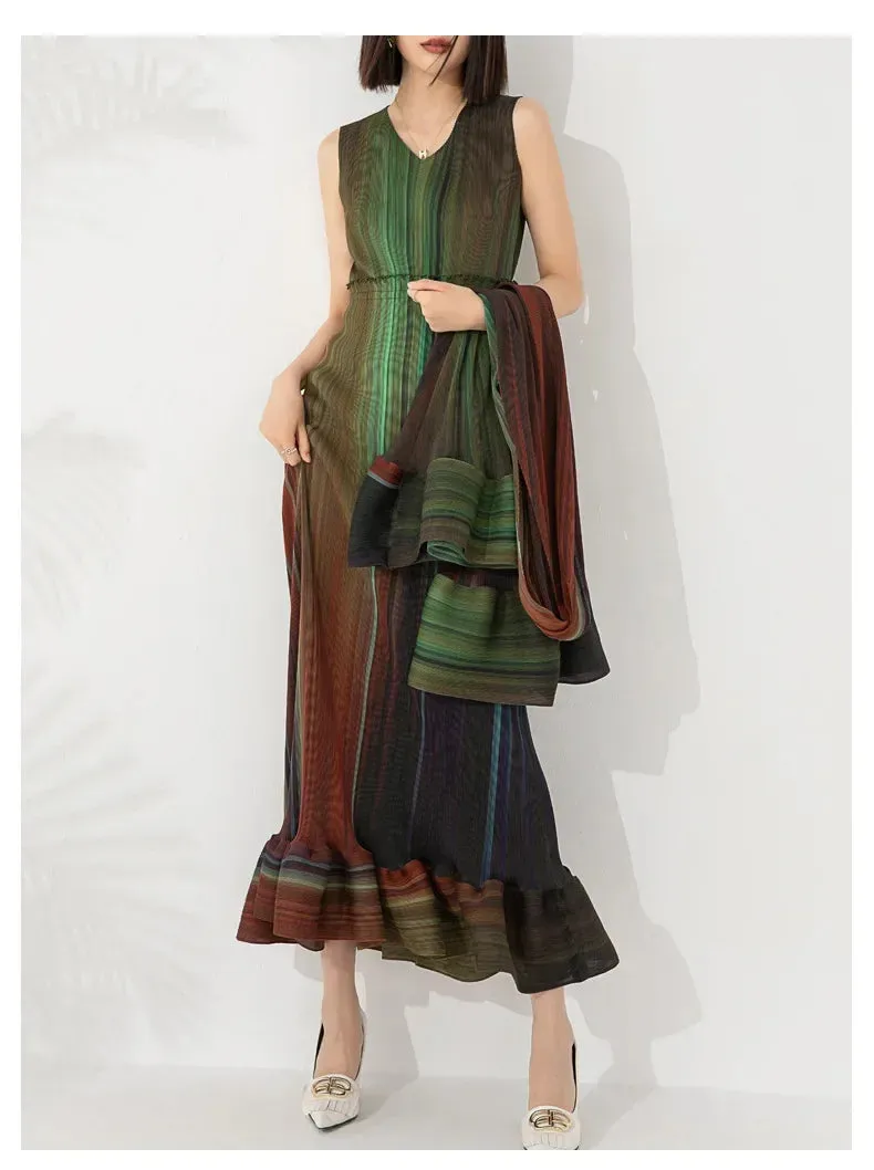 Women's Chic Pleated Sleeveless Midi Dress & Shawl Set