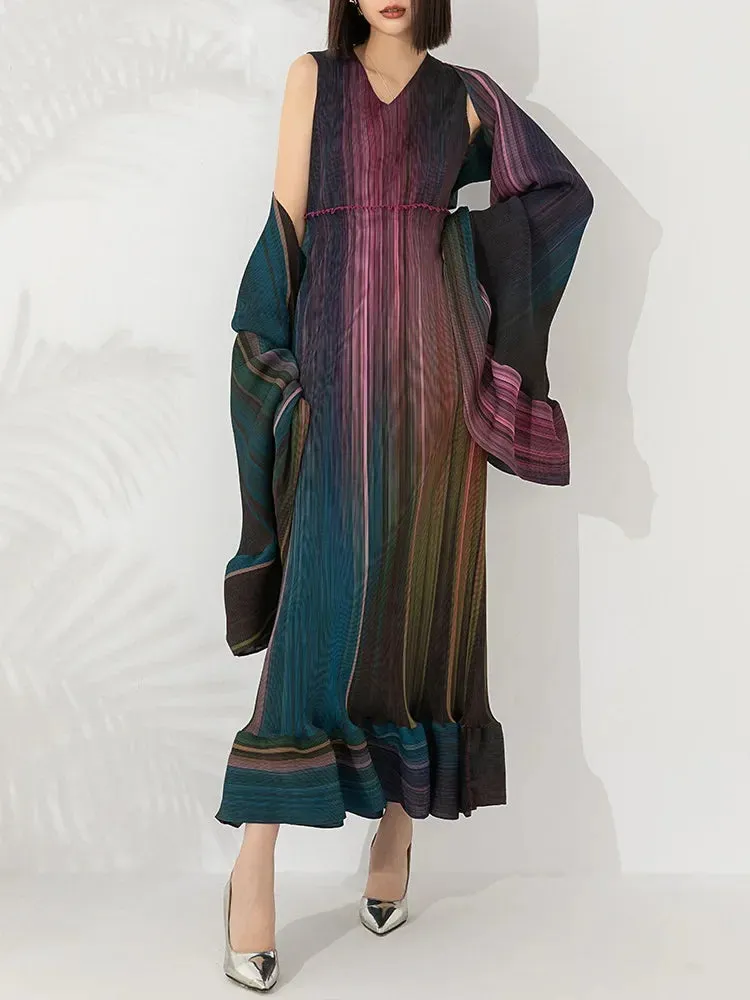 Women's Chic Pleated Sleeveless Midi Dress & Shawl Set