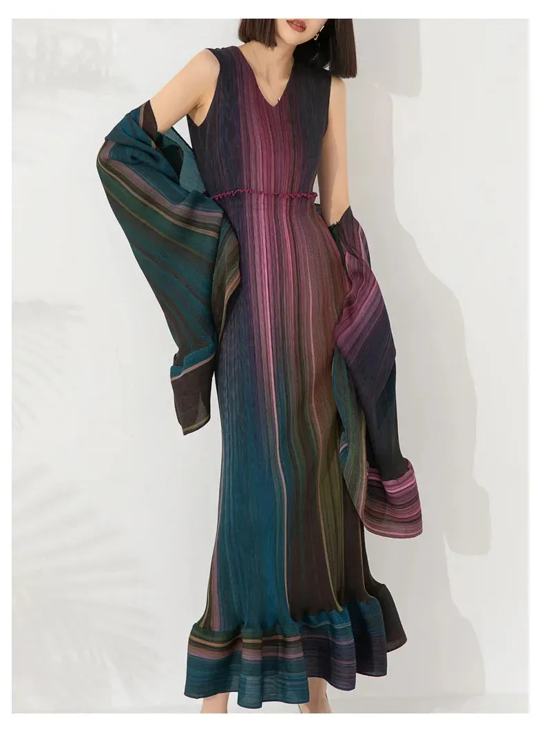 Women's Chic Pleated Sleeveless Midi Dress & Shawl Set