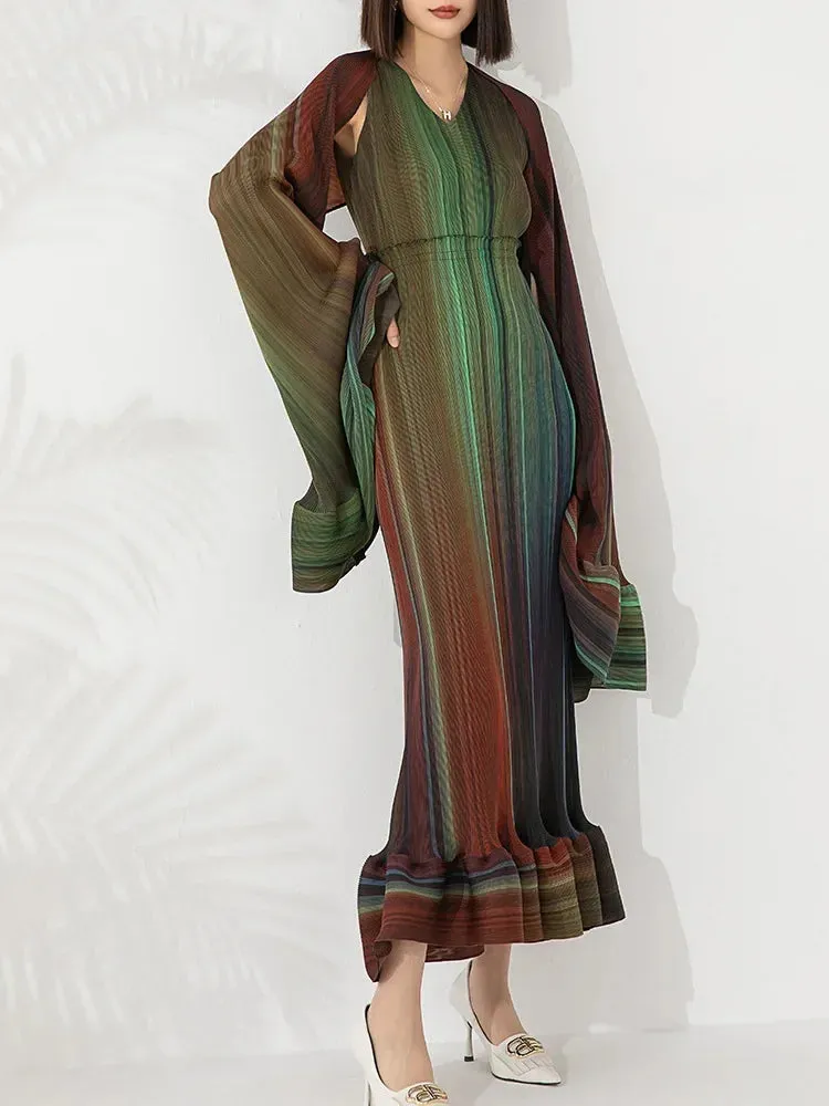 Women's Chic Pleated Sleeveless Midi Dress & Shawl Set