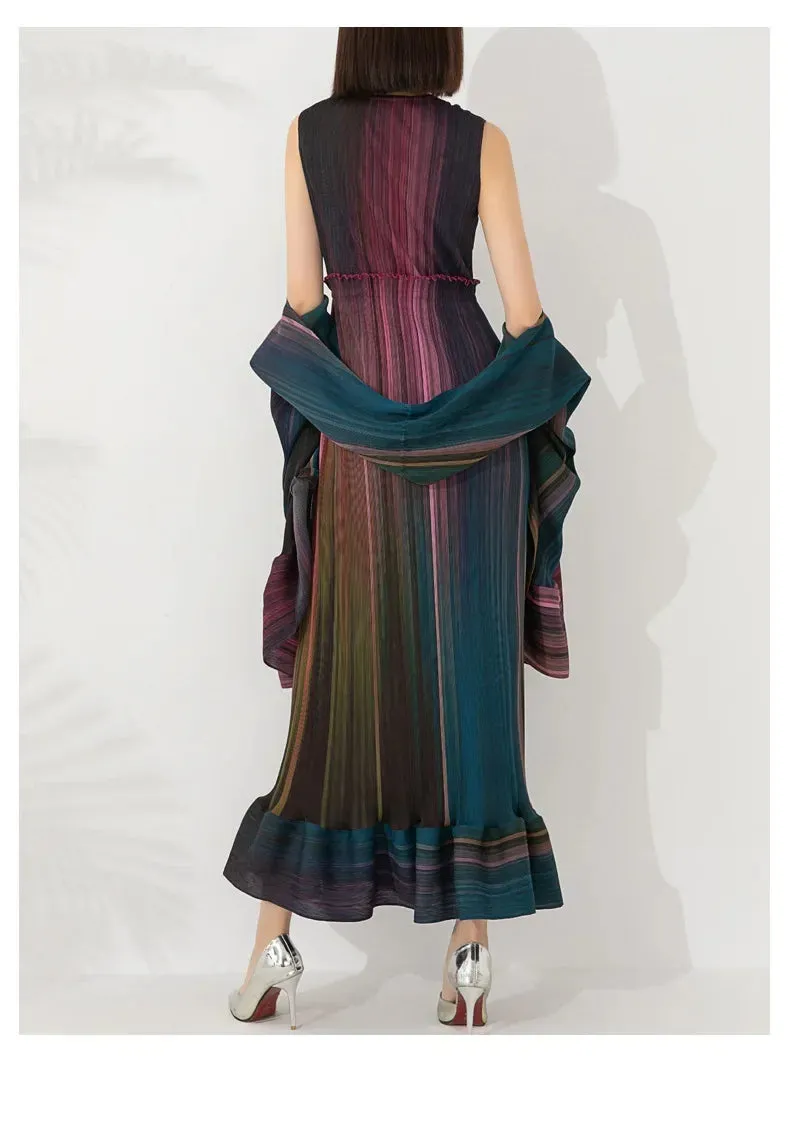 Women's Chic Pleated Sleeveless Midi Dress & Shawl Set