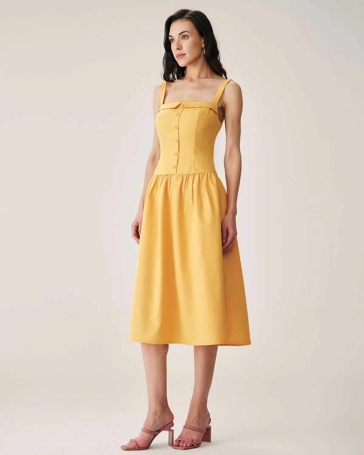 Yellow Button Pleated Slip Midi Dress
